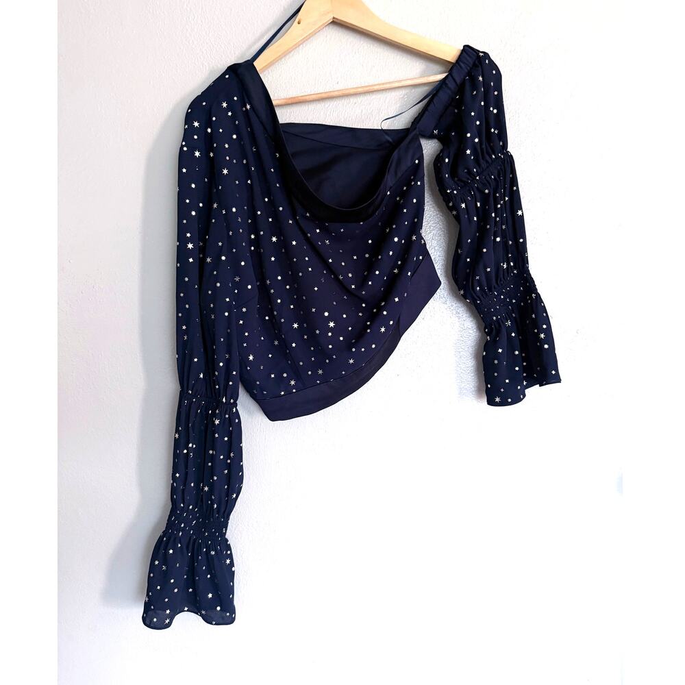 BEBE new dark navy blue gold metallic stars one shoulder Grace tiered crop top - Picture 2 of 6
